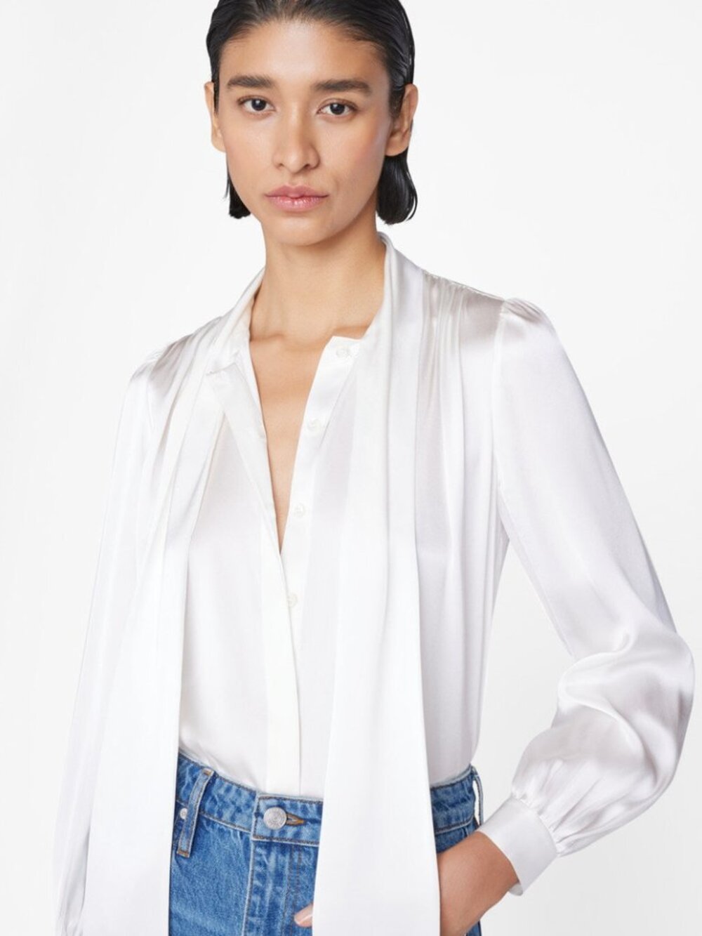 💕 FRAME Femme Silk Tie-Neck Blouse XS | Off White Cream Luxury Designer Silk Top